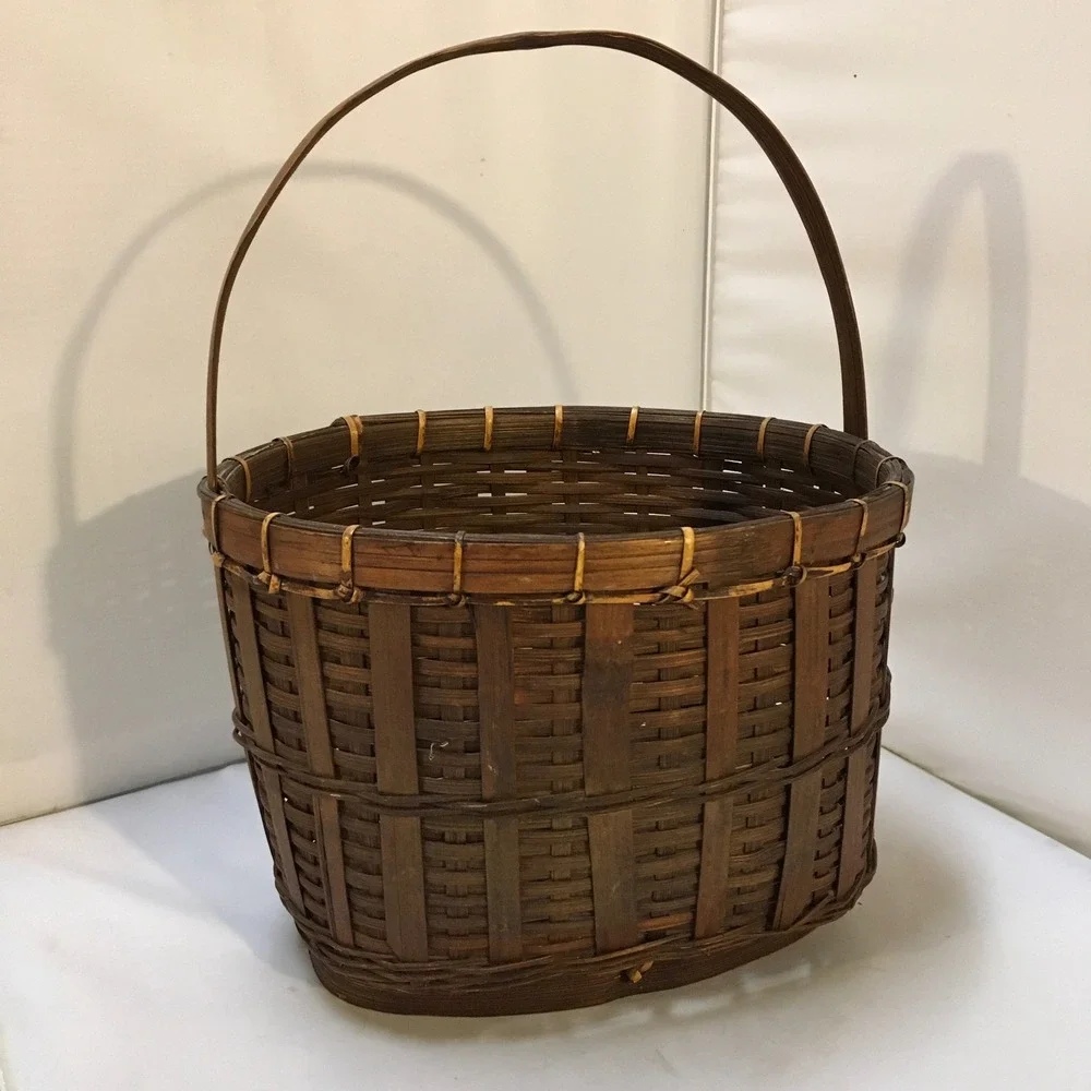 Woven Bamboo Basket Home Decor Brown Oval Footed Handle 9.5in Rustic Bohemian